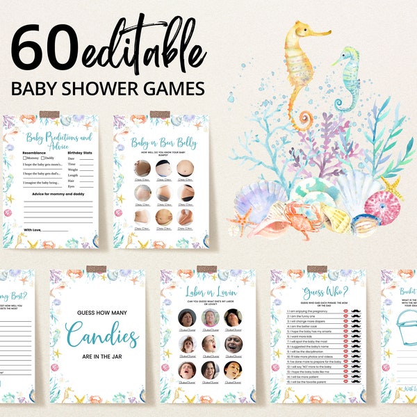 Editable Under the Sea Baby Shower Game Bundle, Sea Animals Shower Game Pack, Turquoise Gender Neutral Sea Baby Shower Games, BBS681