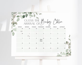 Puede incluir: Un juego de baby shower imprimible con un calendario para que los invitados adivinen la fecha de llegada de Baby Chloe. El calendario está decorado con hojas verdes de acuarela.