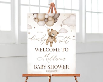 Panneau de bienvenue modifiable pour une baby shower ours neutre en matière de genre, nous pouvons attendre une affiche de baby shower, décoration de baby shower ours bohème brun, BBS391