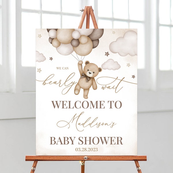 Bearbeitbares geschlechtsneutrales Bär-Baby-Dusche-Willkommens-Schild, wir können bärig warten Baby-Dusche-Poster, brauner Boho-Bär-Baby-Dusche-Dekor, BBS391