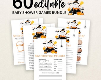 May include: A bundle of 60 editable baby shower game cards featuring a Halloween theme with a ghost in a cauldron, pumpkins, and bats. The cards include titles like Baby Predictions and Advice, Bucket List, and Guess Who, with black text.