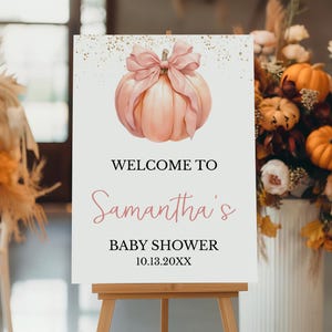 Editable Pink Bow Pumpkin Baby Shower Welcome Sign, Fall Little Pumpkin Baby Shower Poster, Girl Coquette Pink Pumpkin Decor, BBS1132