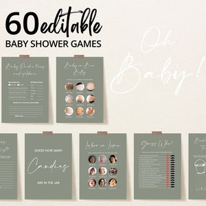 Bewerkbare saliegroen minimalistische Oh Baby Baby Shower Game Bundle, Oh Baby Baby Shower Game Pack, Genderneutrale Baby Shower Games, BBS615