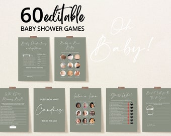 Editable Sage Green Minimalist Oh Baby Baby Shower Game Bundle, Oh Baby Baby Shower Game Pack, Gender Neutral Baby Shower Games, BBS615