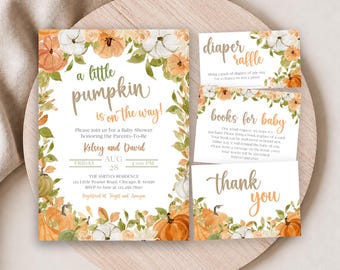 May include: A baby shower invitation set featuring a pumpkin and foliage border with the text a little pumpkin is on the way, diaper raffle, books for baby, and thank you. The cards include event details for Kelsey and David on August 28.