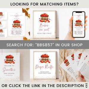 May include: A collection of baby shower stationery featuring a red apple theme. The designs include invitations, signs, and cards with text like "Babies are sweet" and "Diaper Raffle". The text "SEARCH FOR: BBS857" is also visible.