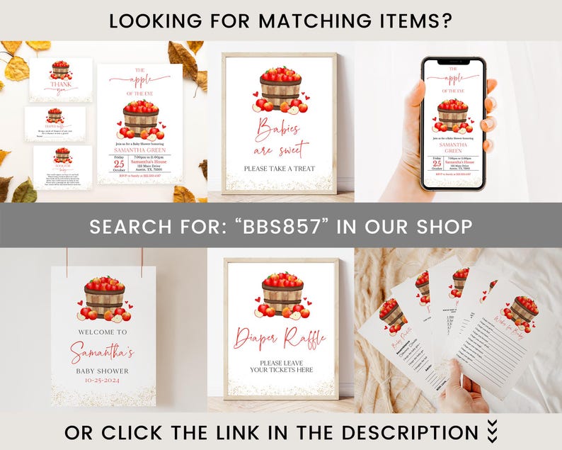 May include: A collection of baby shower stationery featuring a red apple theme. The designs include invitations, signs, and cards with text like "Babies are sweet" and "Diaper Raffle". The text "SEARCH FOR: BBS857" is also visible.