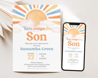 May include: A baby shower invitation with a watercolor illustration of a sun with clouds. The text reads "There comes the Son" and includes the name Samantha Green, the date August 22, the time 2:00 PM to 5:00 PM, the location Williams Residence, 123 Little Peanut Road, Chicago, IL 60556, and the RSVP information to Jane at 123.456.7890. The invitation also states that the couple is registered at Target and Amazon.