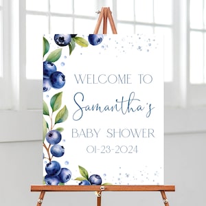 Cartello di benvenuto modificabile per baby shower con mirtilli, poster per baby shower con mirtilli dolci, decorazioni per baby shower con mirtilli, BBS684