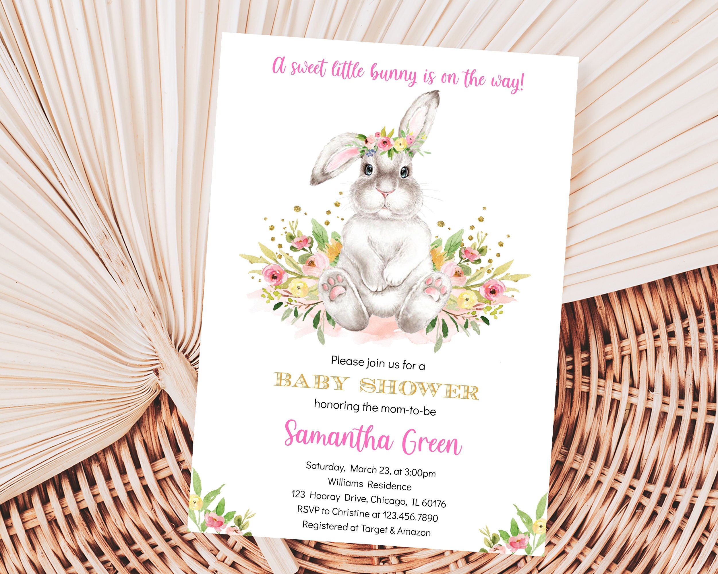 Editable Floral Rabbit Baby Shower Invitation Bundle, Pink Rabbit Baby ...