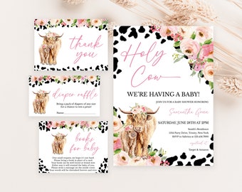 Editable Holy Cow Baby Shower Invitation Bundle, Girl Highland Cow Baby Shower Invite Pack, Pink Floral Highland Cow Shower Invite, BBS733