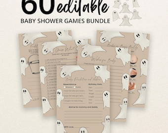May include: A bundle of 60 editable baby shower game cards featuring a beige background with white ghost illustrations. The cards include titles like Guess Who, Wishes for Baby, and Baby Predictions and Advice, with lines for writing answers.