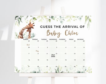 May include: A printable baby shower game with a green leafy border and a watercolour illustration of two giraffes. The game is called "Guess the Arrival of Baby Chloe" and features a calendar with the months of April and May.
