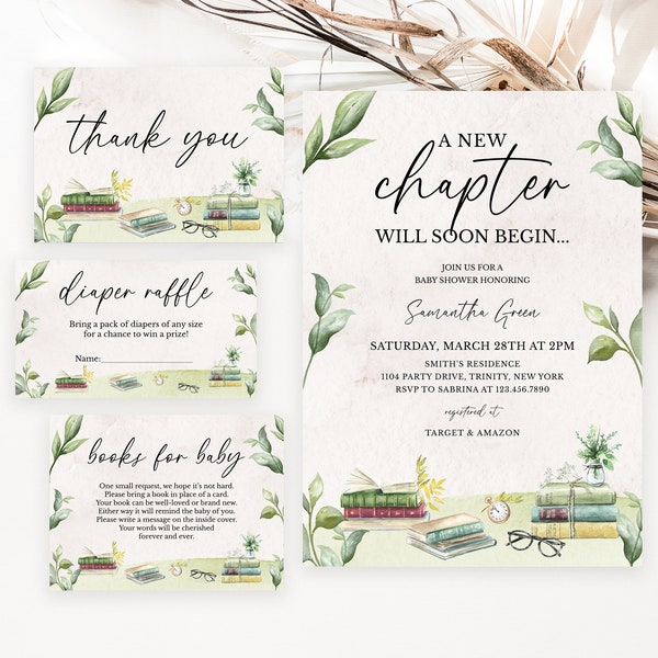 Editable New Chapter Will Soon Begin Baby Shower Invitation Bundle, Gender Neutral Greenery Books Themed Baby Shower Invite, BBS701