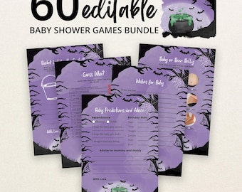 May include: A bundle of 60 editable baby shower game cards featuring a purple and black Halloween theme with bats, spiderwebs, and a bubbling cauldron. The cards include titles like Baby Predictions and Advice, Guess Who, and Baby or Beer Belly.