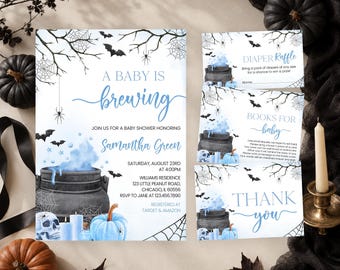 Bewerkbare uitnodigingsbundel voor een Halloween babyshower met de tekst "Blue Boy A Baby is Brewing", uitnodiging voor een babyshower met heksenketel, griezelige babyshower, BBS769