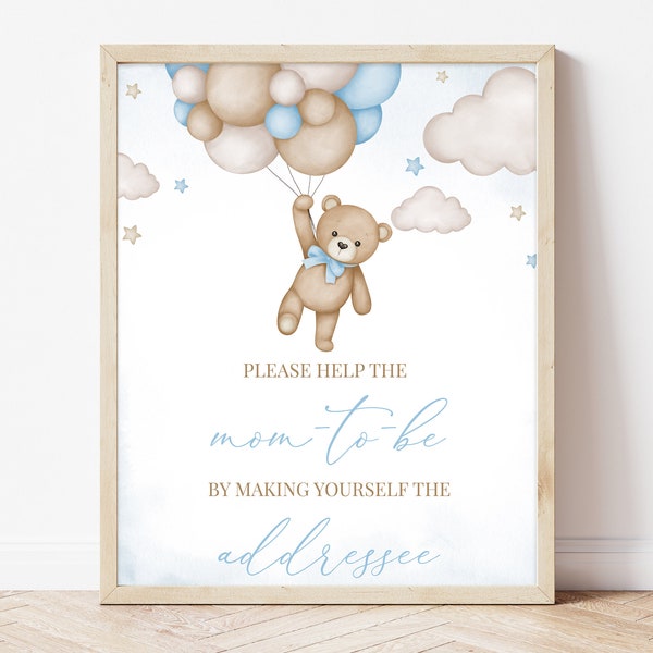 Envelope Station Sign Brown Bear Balloon Baby Shower, We Can Bearly Wait Baby Shower Addressee Sign, Blue Boy Boho Bear Shower Decor,BBS388