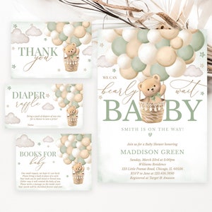 Editable Bear Green Hot Air Balloon Baby Shower Invitation Bundle, We Can Bearly Wait Invitation, Gender Neutral Bear Baby Shower, BBS461
