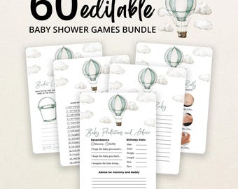 Editable Adventure Awaits Baby Shower Game Bundle, Green Hot Air Balloon Baby Shower Game Pack, Gender Neutral Adventure Awaits Games BBS385
