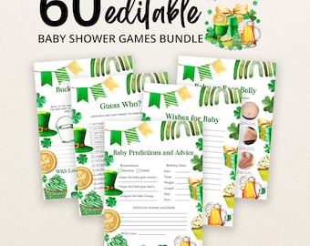 May include: A bundle of 60 editable baby shower game cards featuring St. Patrick's Day themes. The cards display green and gold watercolor illustrations of shamrocks, leprechauns' hats, rainbows, gold coins, and beer mugs with text headers.