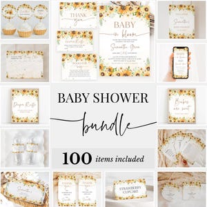 Editable Sunflower Baby Shower Bundle, Girl Rustic Sunflower Baby Shower Invitation Pack, Boho Sunflower Baby Shower Games Package, BBS607