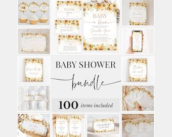 Edytowalny pakiet na baby shower ze słonecznikiem, pakiet zaproszeń na baby shower ze słonecznikiem w stylu rustykalnym dla dziewczynek, pakiet gier na baby shower ze słonecznikiem w stylu boho, BBS607