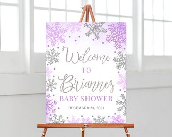 Bearbeitbar Lila Eine kleine Schneeflocke-Babyparty-Willkommensschild, Mädchen-Winter-Babyparty-Willkommensplakat, Lila Schneeflocke-Winter-Dekor, BBS354