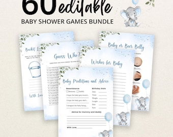 Editable Blue Elephant Baby Shower Game Bundle, Boy Elephant Baby Shower Game Pack, Floral Elephant Baby Shower, Little Peanut Games, BBS713
