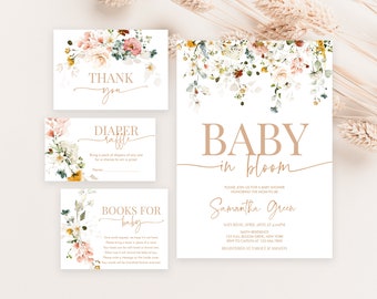 Editable Baby in Bloom Baby Shower Invitation Bundle, Spring Flowers Baby Shower Invite Pack, Wildflower Baby Shower Invitation, BBS370