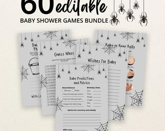 May include: A bundle of 60 editable baby shower game cards featuring a black spider and web theme on a light gray background. The text includes titles like Baby Predictions and Advice, Guess Who, Wishes for Baby, and Baby or Beer Belly.