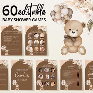 Editable We Can Bearly Wait Baby Shower Game Bundle, Gender Neutral Bear Balloon Baby Shower Game Pack, Boho Bear Baby Shower Games, BBS435