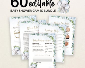 Editable Boy Elephant Baby Shower Game Bundle, Blue Elephant Baby Shower Game Pack, Blue Floral Elephant Boy Baby Shower Games, BBS503