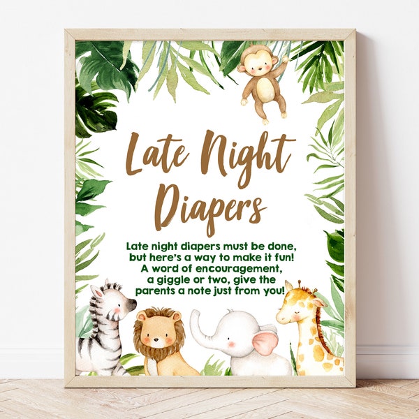 Late Night Diapers Sign Safari Animals Baby Shower, Boy Safari Jungle Diaper Thoughts Sign Baby Shower, Greenery Safari Decoration, BBS294