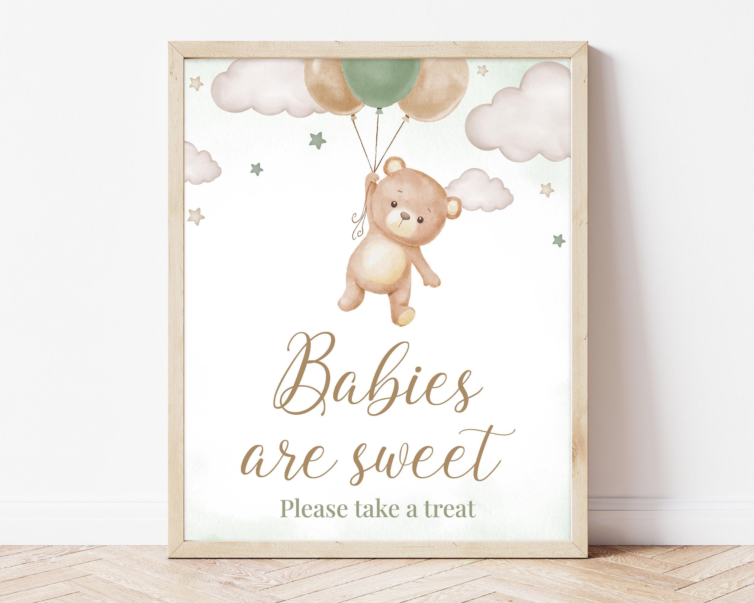 Wait Baby Editable Green Bear Balloon Baby Shower Table Sign, We Can Bearly Wait ...