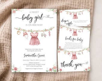 Może przedstawiać: Zestaw zaproszeń na baby shower z białym tłem, różowymi girlandami kwiatowymi, różową sukienką, bucikami dziecięcymi i smoczkiem. Tekst zawiera A SWEET baby girl IS ON HER WAY!, Samantha Green, diaper raffle, books for baby oraz thank you.