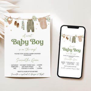 May include: A baby shower invitation with the text "A sweet Baby Boy is on the way!" in green script. The invitation features illustrations of baby clothes hanging on a clothesline. A smartphone displays the same invitation.