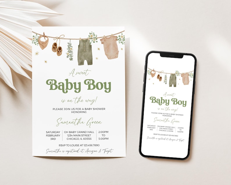 May include: A baby shower invitation with the text "A sweet Baby Boy is on the way!" in green script. The invitation features illustrations of baby clothes hanging on a clothesline. A smartphone displays the same invitation.