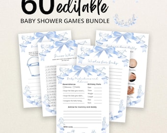 Set di giochi per baby shower Toile de Jouy blu modificabile, set di giochi Toile de Jouy blu per maschietto, giochi per baby shower blu polvere, Toile de Jouy per la cameretta BBS1069