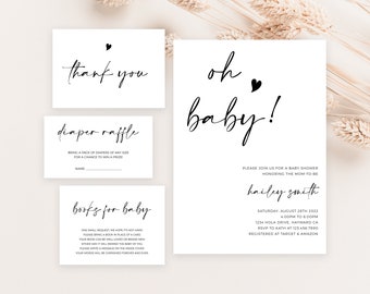 May include: A black and white baby shower invitation with the text "oh baby!" and a small heart. The invitation includes the date, time, and location of the shower, as well as the name of the mum-to-be, Hailey Smith. It also includes information about the RSVP and where the mum-to-be is registered.