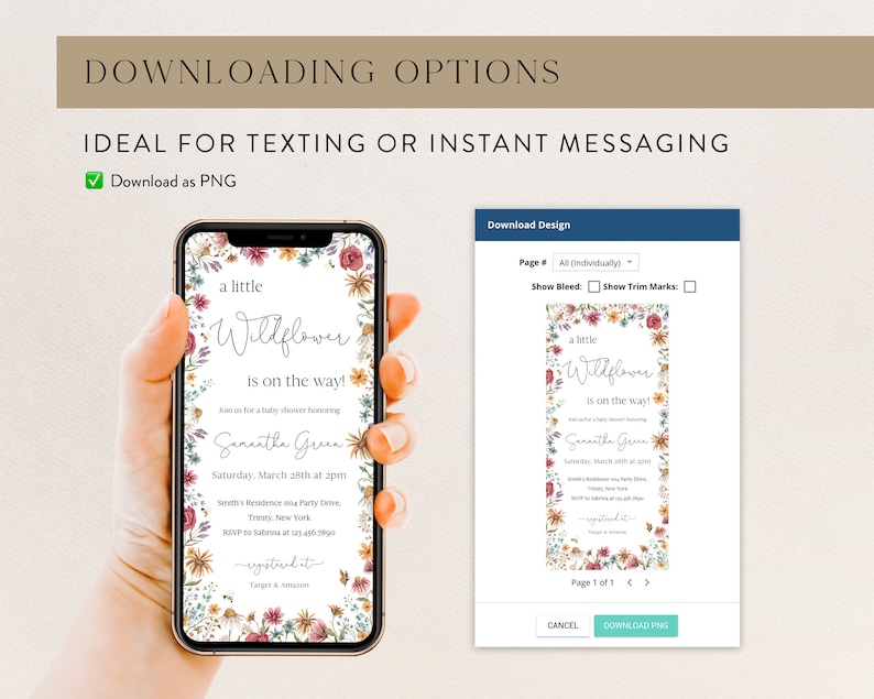 May include: A baby shower invitation featuring a floral design. The invitation reads "a little wildflower is on the way!" and includes the name "Samantha Green" and the date "Saturday, March 28th at 2pm".