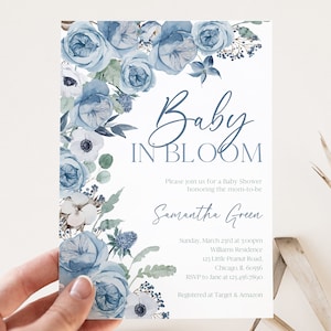 Redigerbar babyshowerinbjudan för pojke, babyshowerinbjudan med blå vårblommor, babyshowerinbjudan för pojke med vildblommor, BBS603