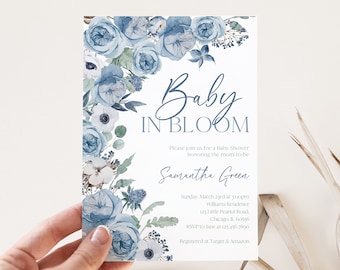 Editable Boy Baby in Bloom Baby Shower Invitation, Blue Spring Flowers Baby Shower Invite, Boy Wildflower Baby Shower Invitation, BBS603
