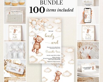 Bewerkbaar genderneutraal babyshowerpakket met beertjesmotief, uitnodigingspakket voor de babyshower met de tekst "We Can Bearly Wait", bruin boho babyshowerspelletjespakket met beertjesmotief, BBS745