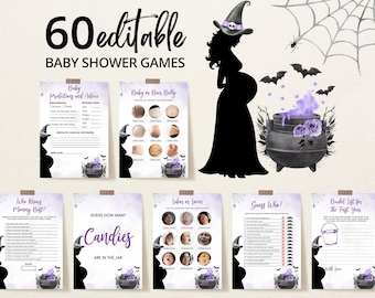 Editable A Baby is Brewing Purple Halloween Baby Shower Game Bundle, Girl Halloween Baby Shower Game Pack, Witch Baby Shower Games, BBS432