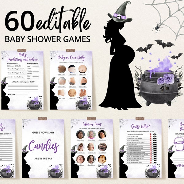 Editable A Baby is Brewing Purple Halloween Baby Shower Game Bundle, Girl Halloween Baby Shower Game Pack, Witch Baby Shower Games, BBS432