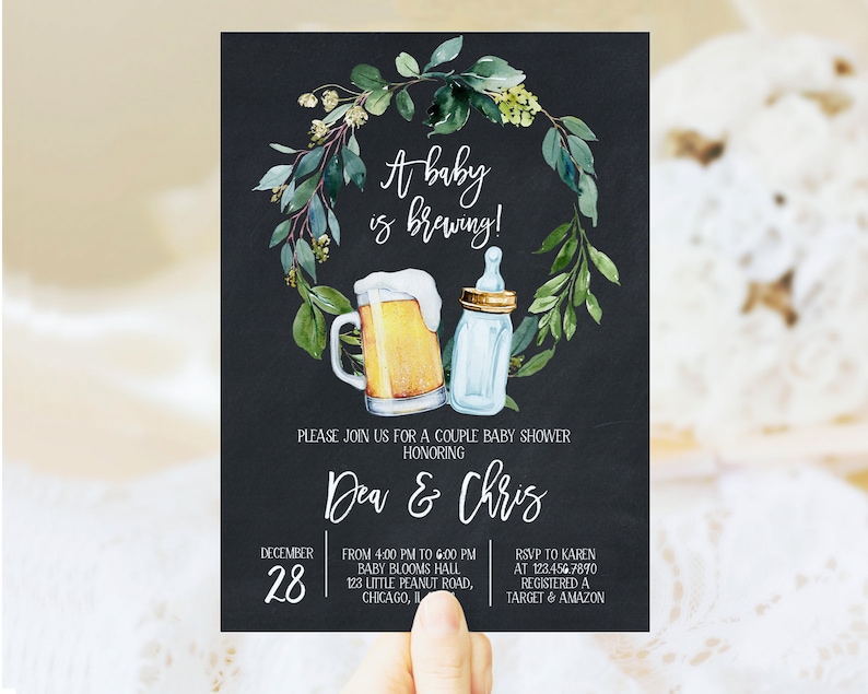 Editable A Baby is Brewing Baby Shower Chalkboard Invitation, Coed Baby shower, Beer and Bottle Baby Shower Invite, Backyard Shower, BBS130 image 2