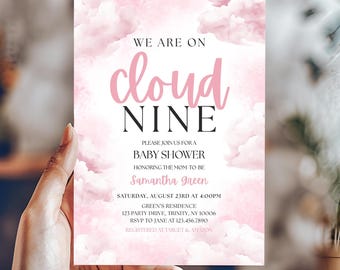 May include: A rectangular baby shower invitation card featuring a soft pink watercolor cloud background. The text reads: WE ARE ON cloud NINE, PLEASE JOIN US FOR A BABY SHOWER, HONORING THE MOM-TO-BE, Samantha Green, SATURDAY, AUGUST 23RD AT 4:00PM.