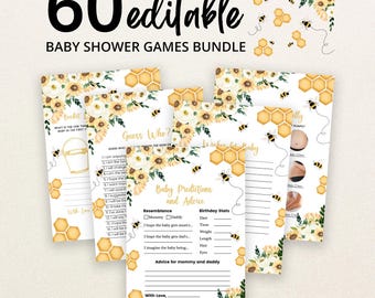 May include: A bundle of printable baby shower game cards featuring a sunflower and honeycomb pattern with bees. The text includes 60 editable baby shower games bundle, Guess Who, and Baby Predictions and Advice with lines for writing responses.