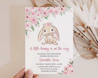 Editable A Little Bunny is on the way Baby Shower Invitation, Floral  Rabbit Baby Shower Invite, Girl Bunny Shower Invite, BBS658