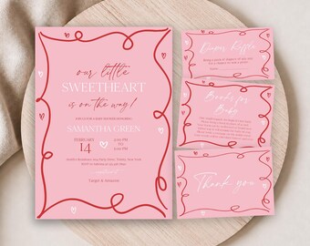 May include: A pink baby shower invitation set featuring red hand-drawn border lines and small heart icons. The invitation includes text such as our little SWEETHEART is on the way, Samantha Green, February 14, and registry details for Target and Amazon.